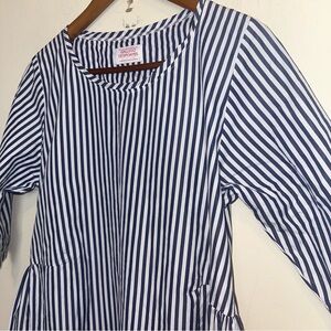 GALLEGO DESPORTES Shirt Dress Blue Stripe Oversized 3/4 Sleeves Pleated Sides SM